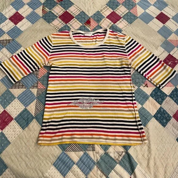 90s Sonia Rykiel Rainbow Stripe Rhinestone Babydoll T-shirt Crewneck Medium - Picture 8 of 15